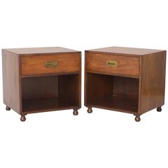 Pair of Signed Baker Campaign Style Walnut Nightstands