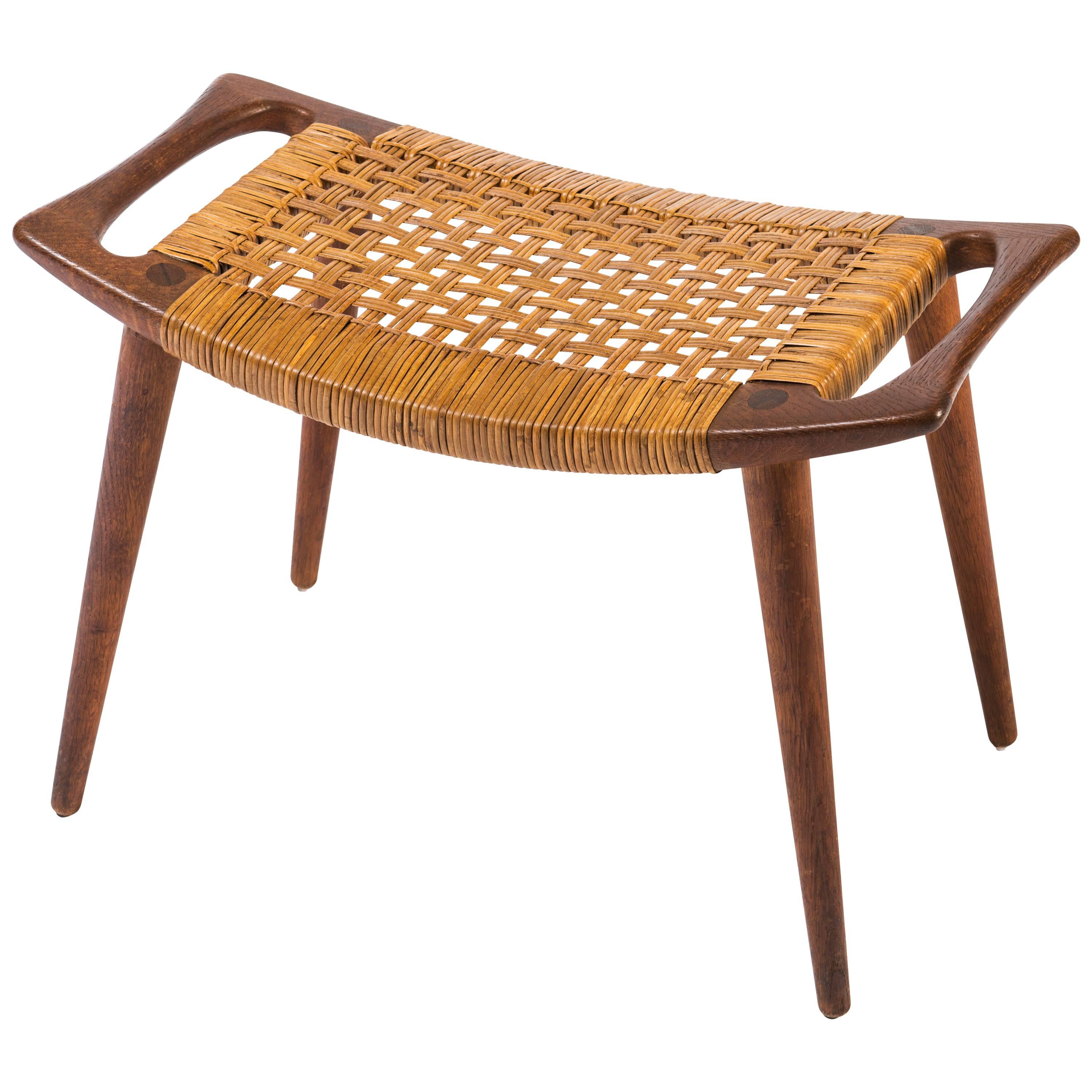 Hans Wegner Teak and Cane Stool for Johannes Hansen