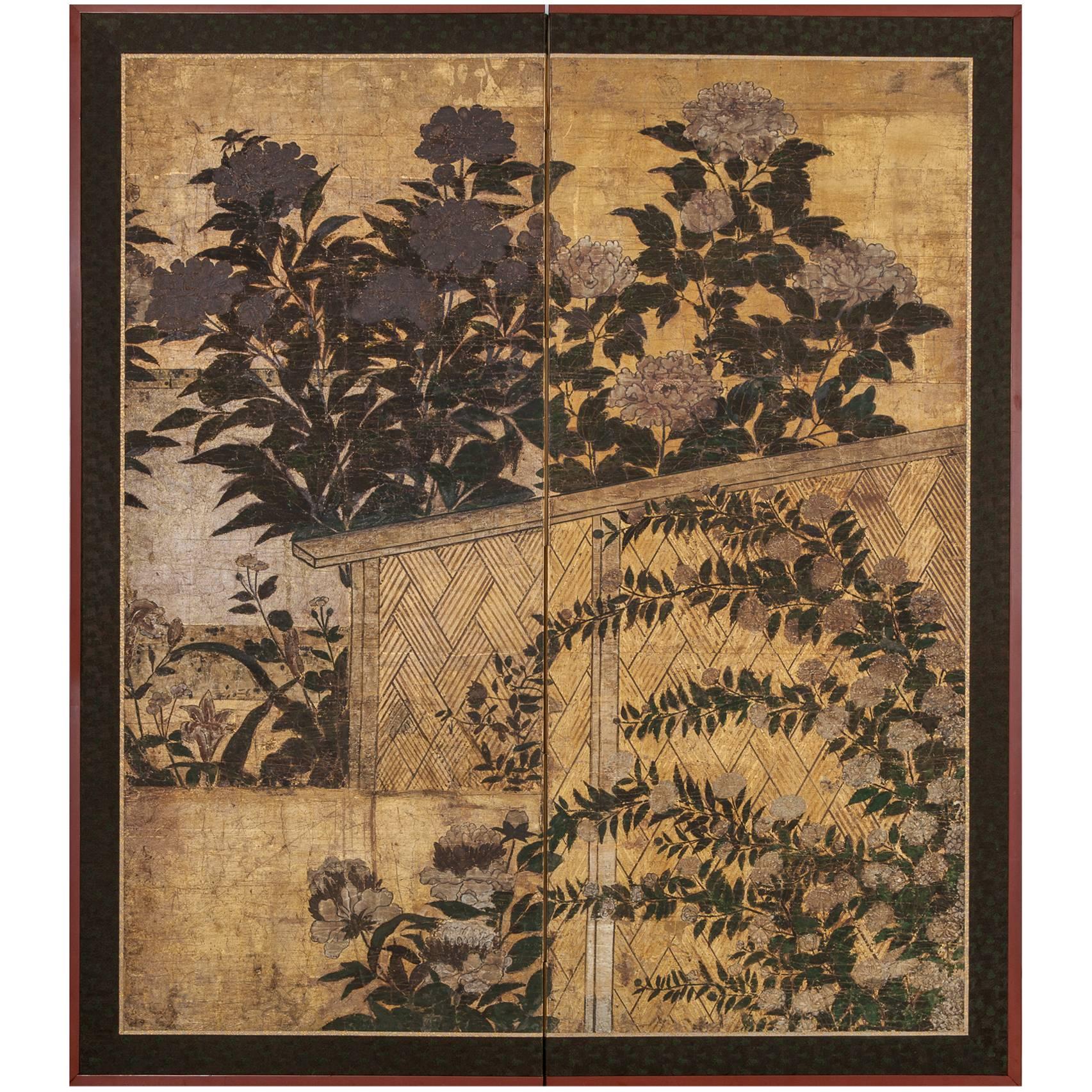 Japanese Two Panel Screen: Summer Flowers in a Garden Setting