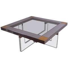 Lucite Chrome Brass Coffee Table with Smoked Glass Insert Top