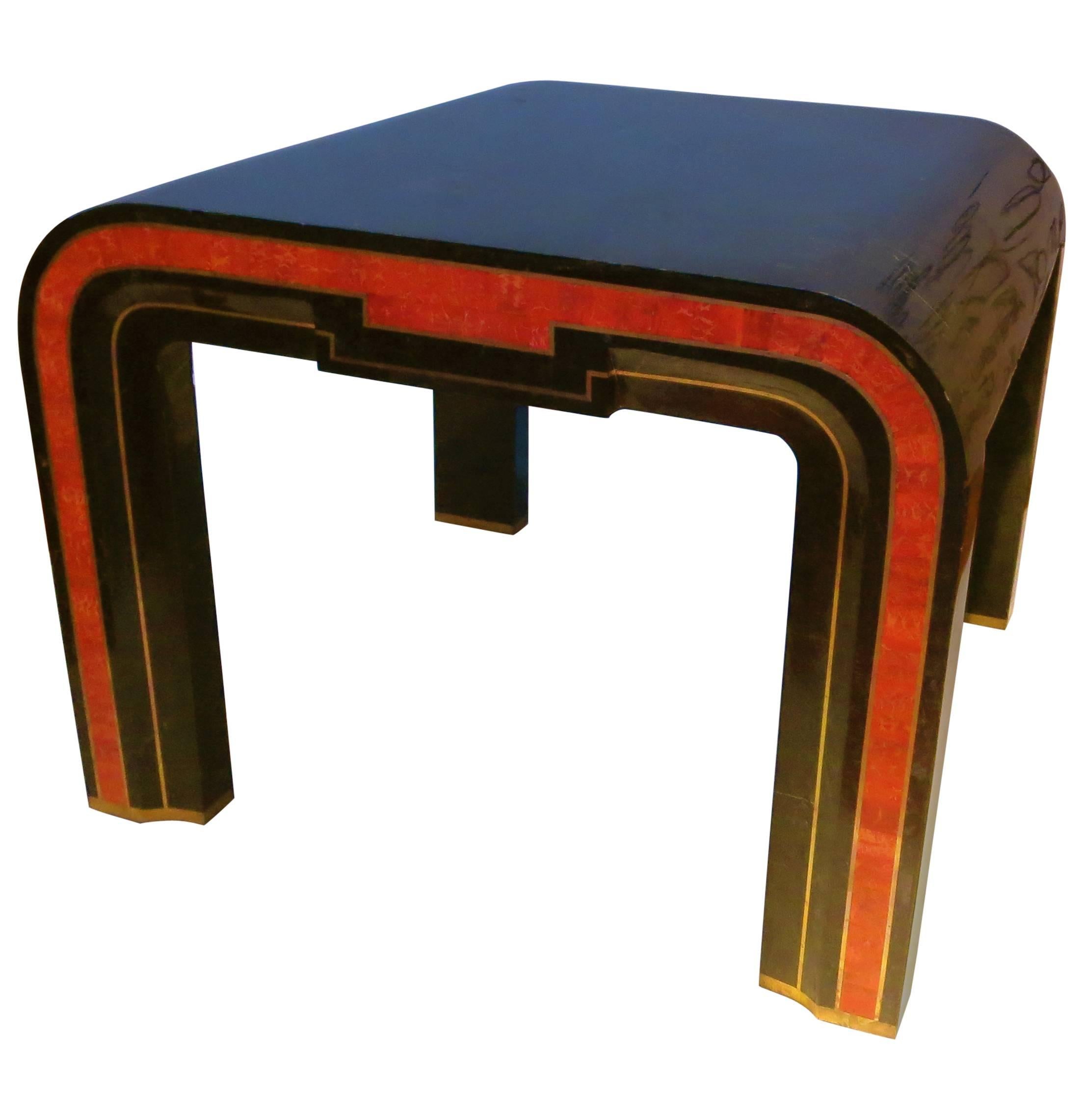 Cocktail or End Table with Tessellated Marble Red Coral and Brass Inlay
