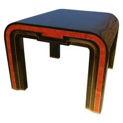 Cocktail or End Table with Tessellated Marble Red Coral and Brass Inlay 1