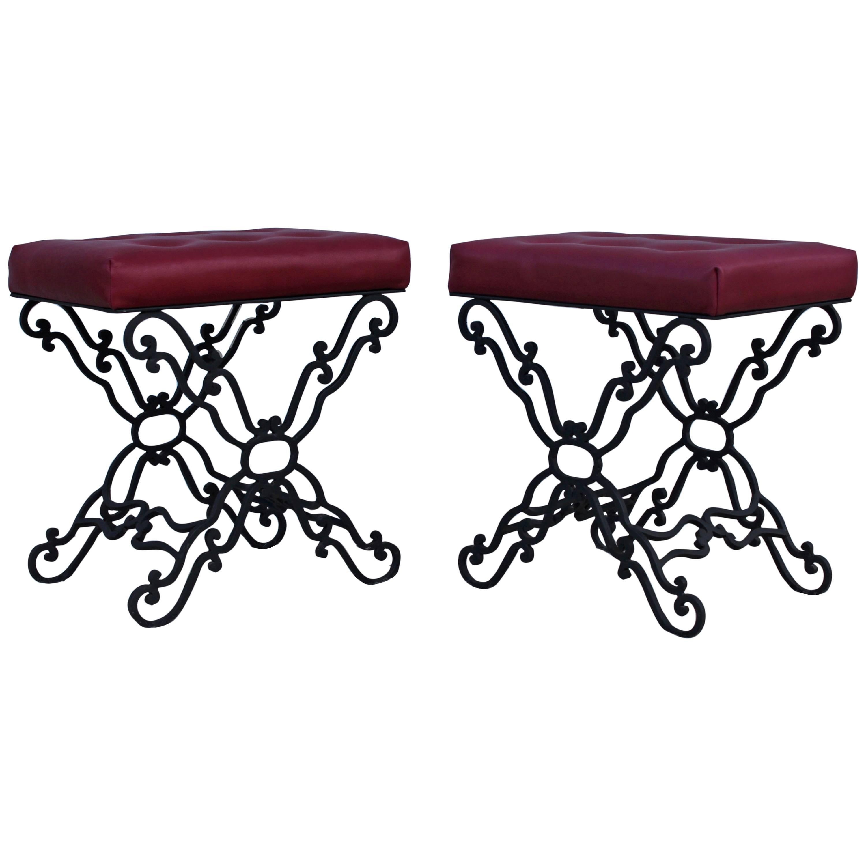 1960s Iron and Leather Ottomans