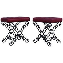 1960s Iron and Leather Ottomans