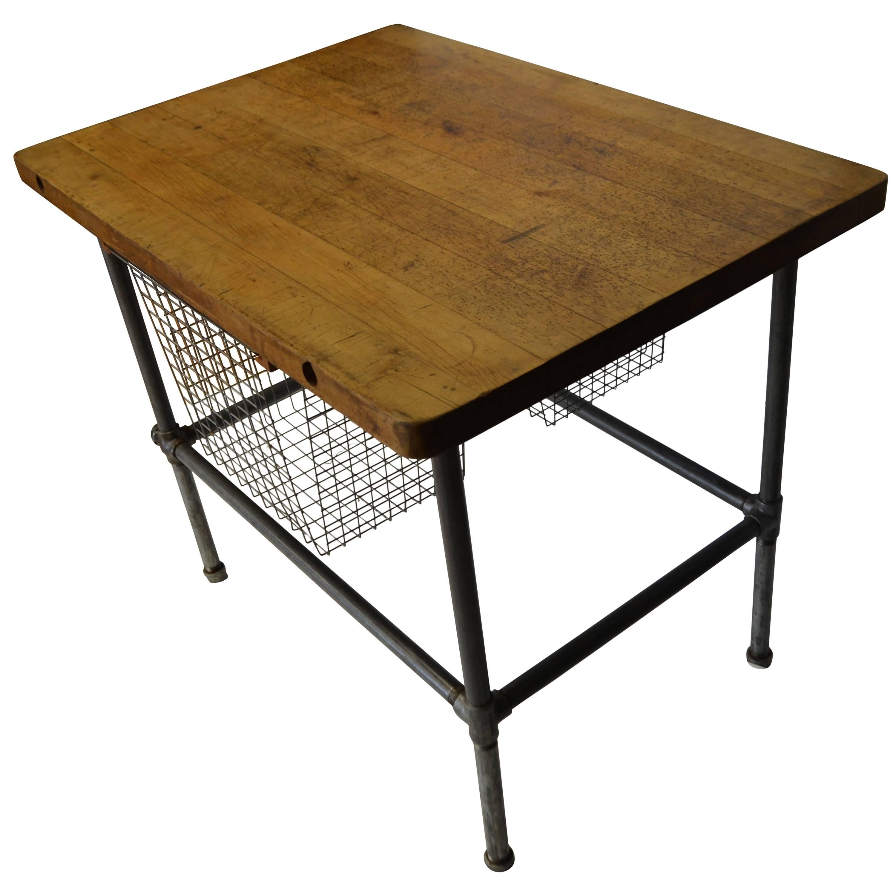 Kitchen Island, Work Table with Maple Top and Sliding Baskets on Steel Pipe Base