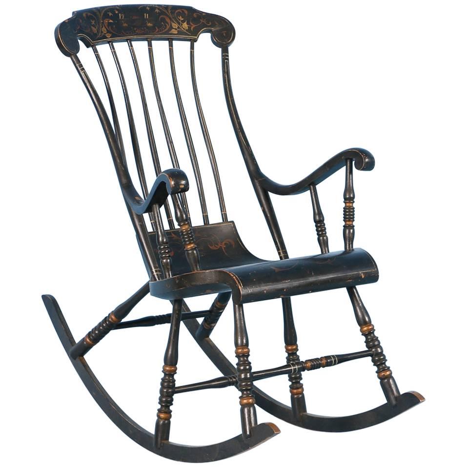 Antique Black Swedish Rocking Chair with Original Black Paint, Dated 1911