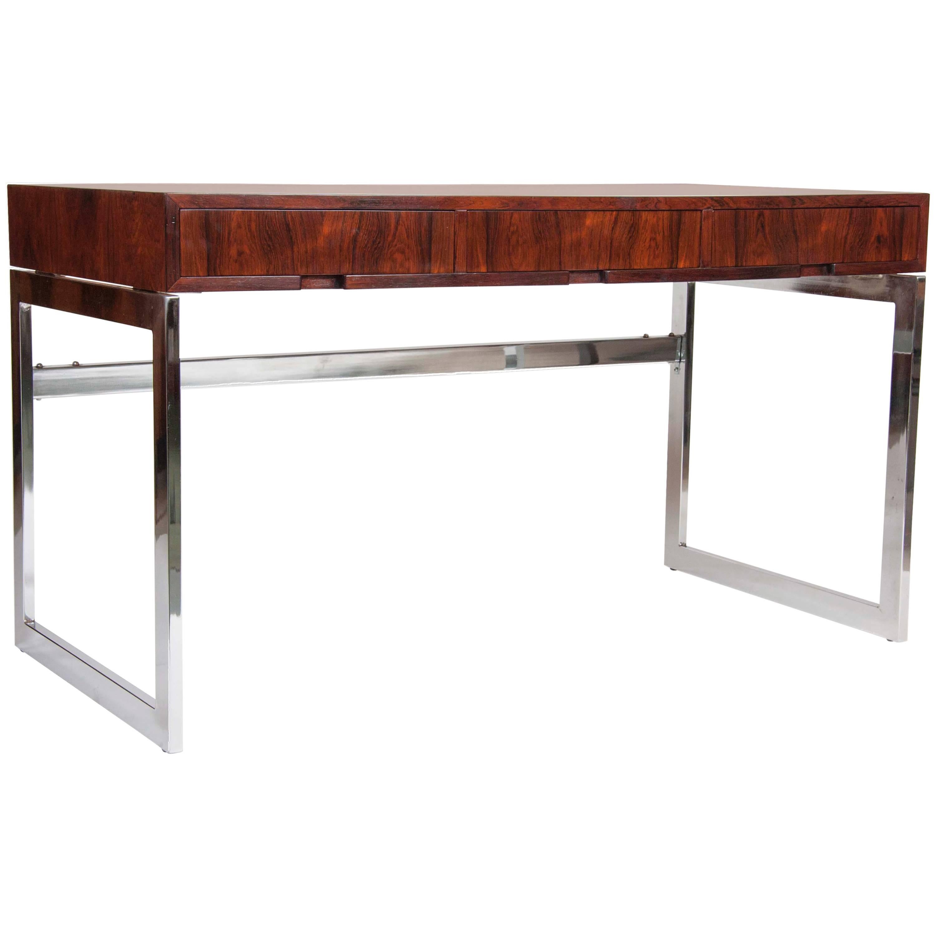 Sleek Rosewood and Chrome Desk In The Style Of Milo Baughman