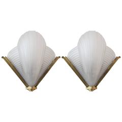 French Art Deco Molded Glass and Bronze Wall Sconces, style Verrerie des Hanots