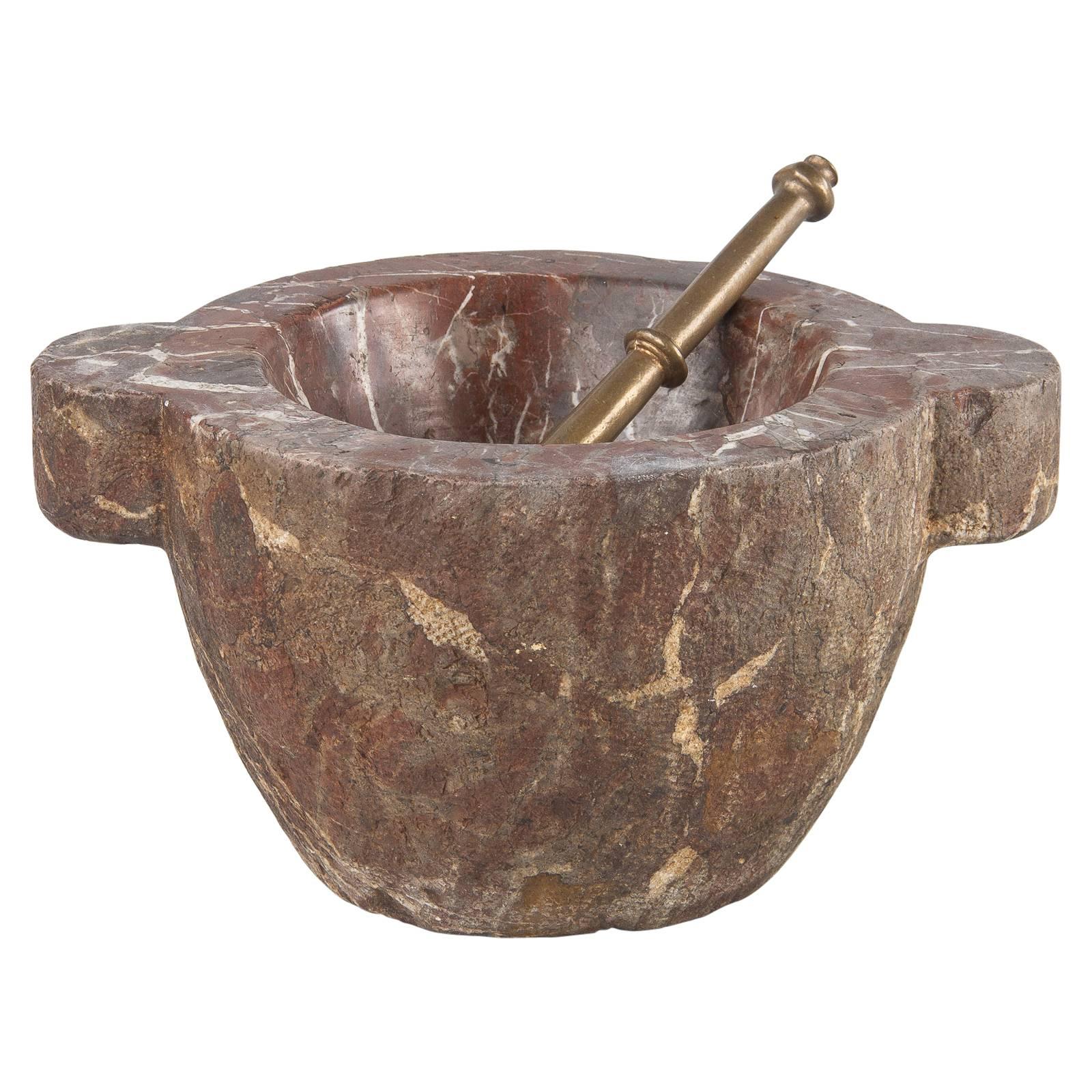 French Apothecary Marble Mortar with Brass Pestle, 19th Century