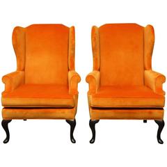 Pair of Queen Anne Style Orange Crush Velvet Wing Chairs