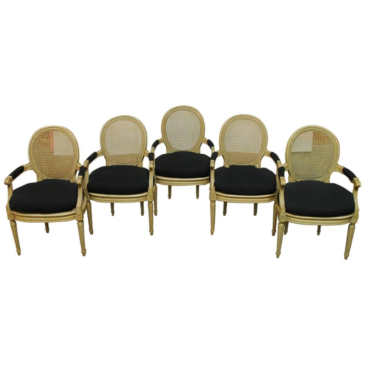 Set of Five Louis XVI Style Cane Fauteuil Armchairs