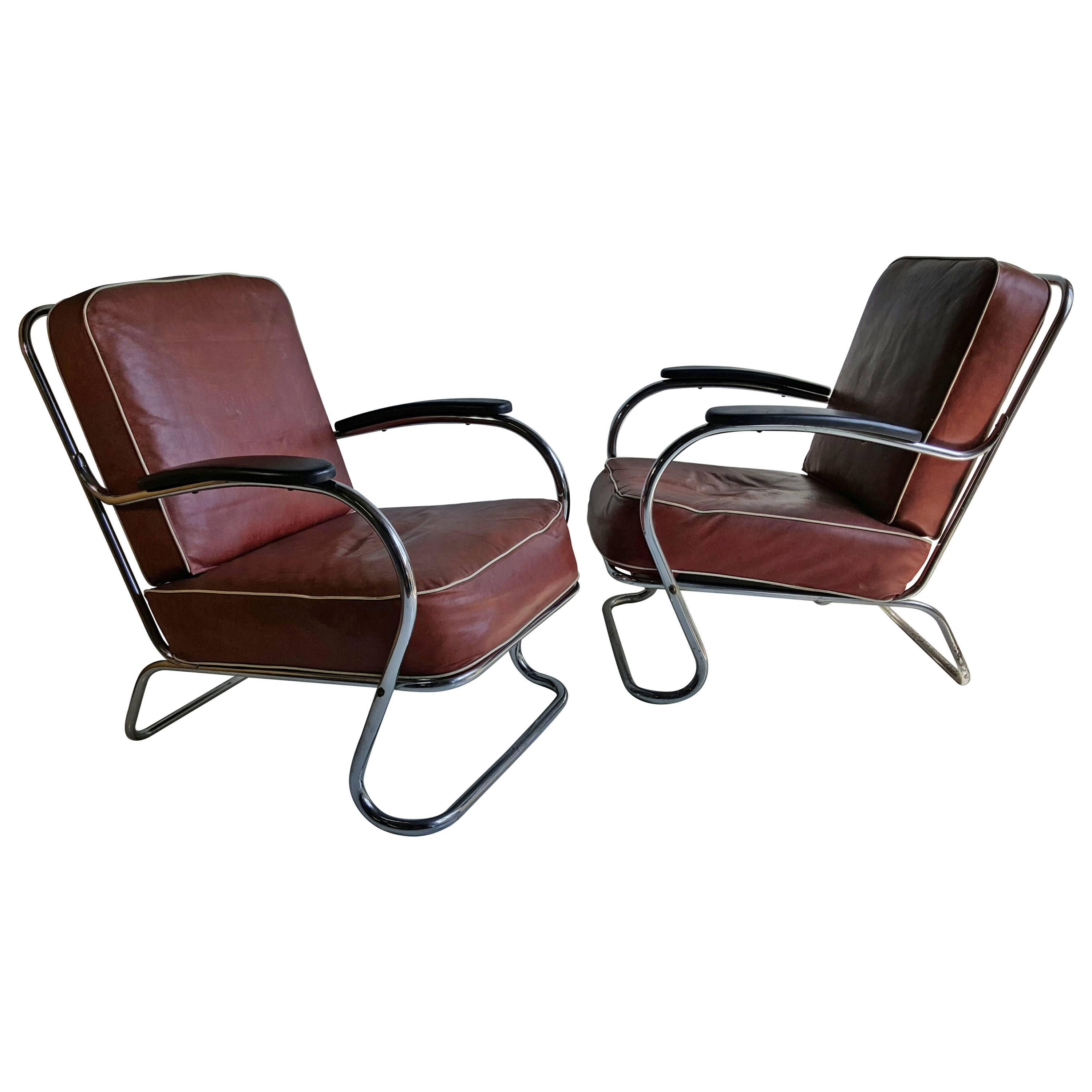 Pair of Art Deco Tubular Chrome Lounge Chairs, K E M Weber, Lloyd For Sale