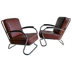 Vintage Pair of Art Deco Tubular Chrome Lounge Chairs, K E M Weber, Lloyd