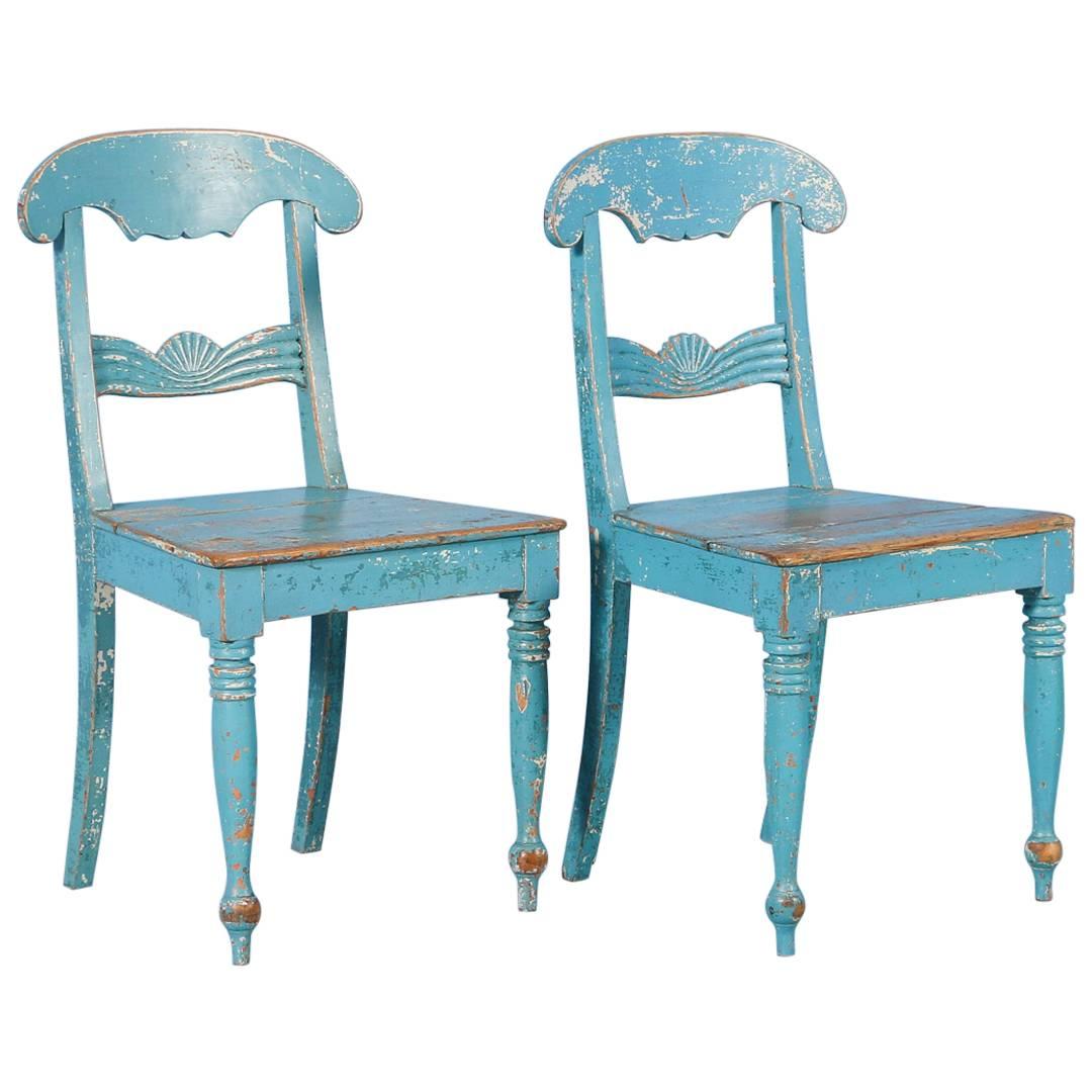 Pair of Antique Original Blue Painted Side Chairs from Sweden, circa 1860