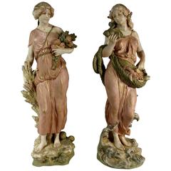 Antique Pair of Large Royal Dux Art Nouveau Porcelain Women Figures