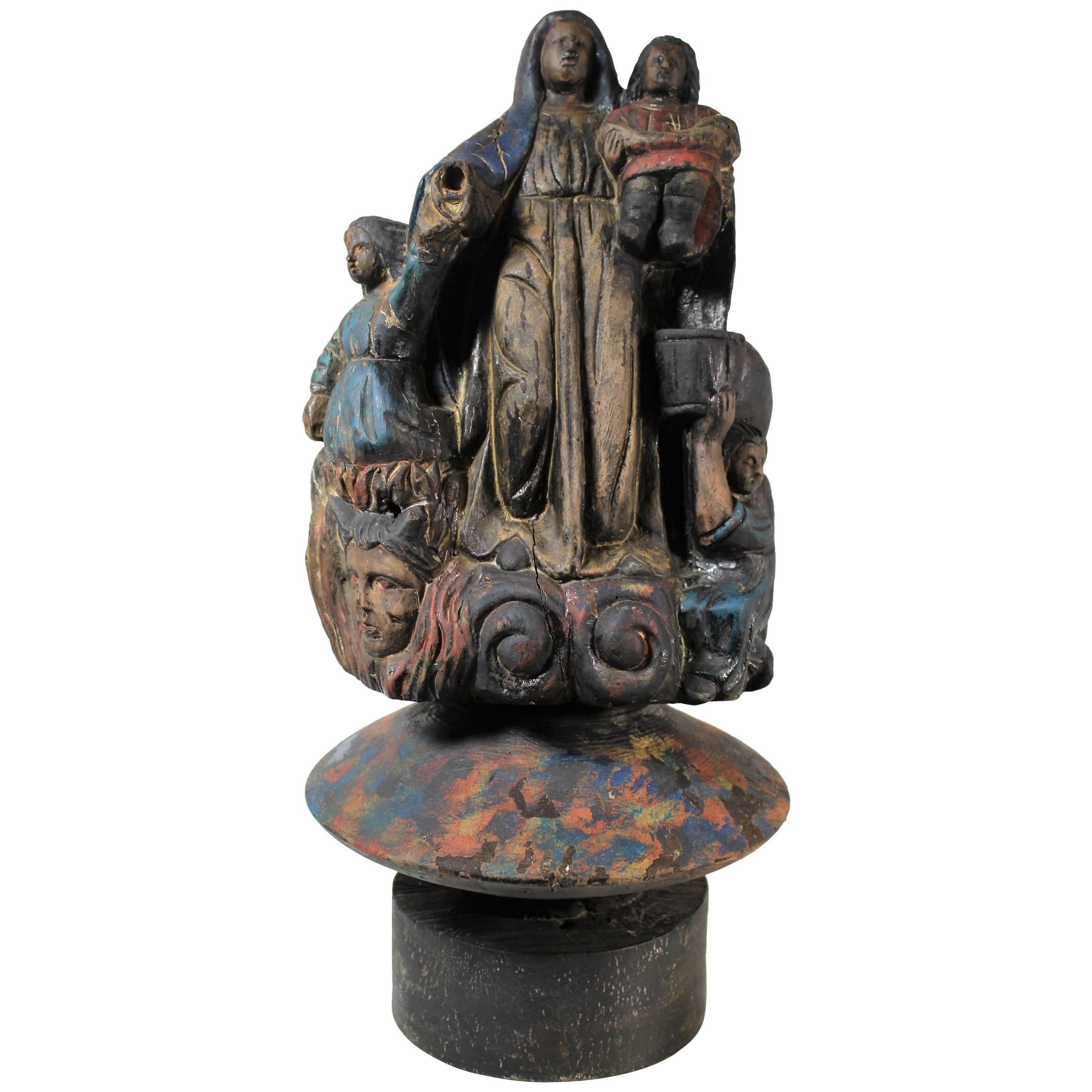 18th Century Folk Art Carved Religious Sculpture of Saint Anne