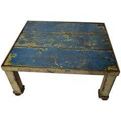 Coffee Table with Wooden Top Inset into Industrial Steel Frame on Wheels