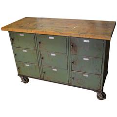 Vintage Cabinet on Wheels with Maple Worktop and Storage Compartments from School