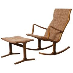 Vintage Heron Rocking Chair and Footstool by Mitsumasa Sugasawa for Tendo Mokko, Japan