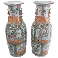 Antique Pair of Cantonese Enameled Porcelain Vases