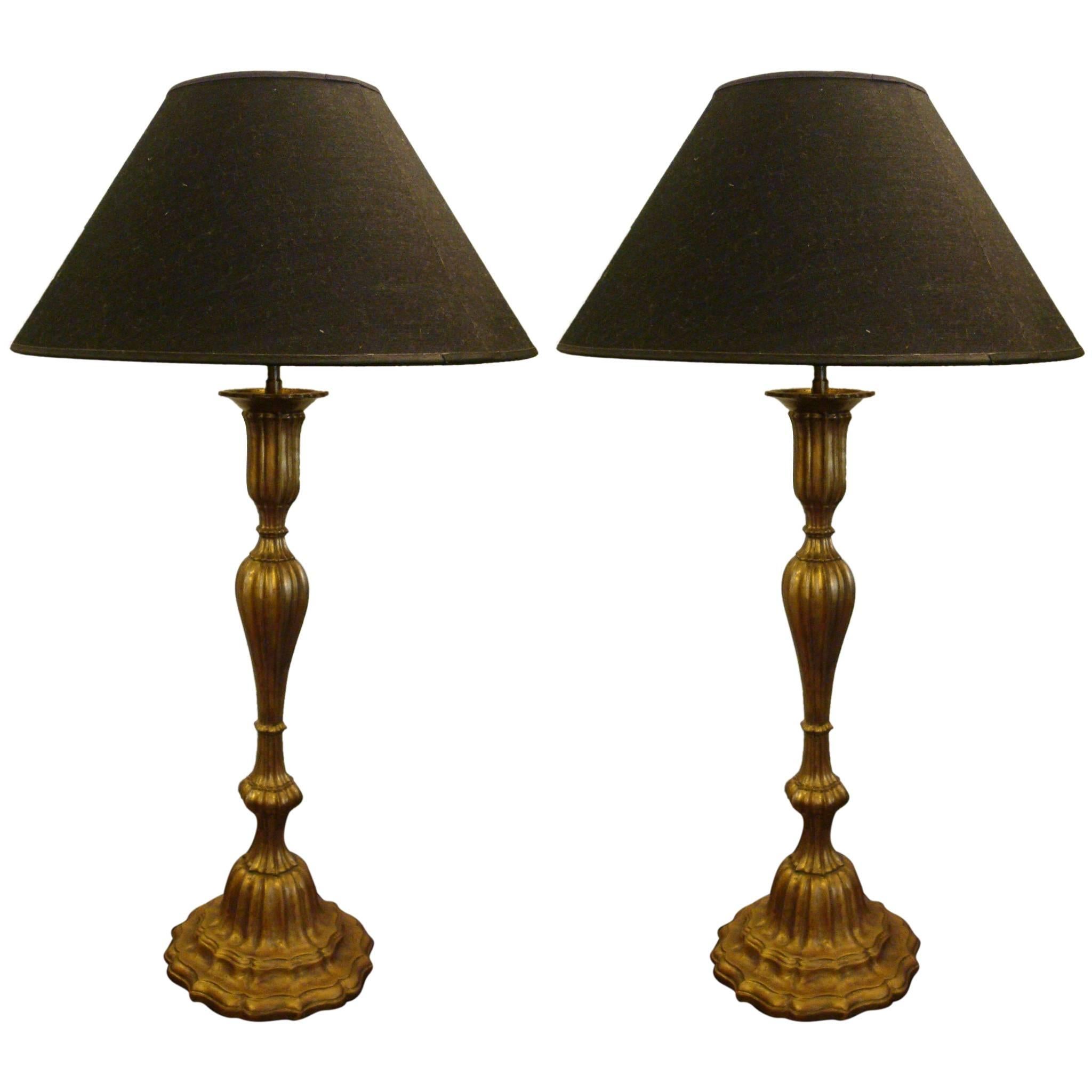 Pair of Giltwood and Brass Table Lamps, Wiener Secession