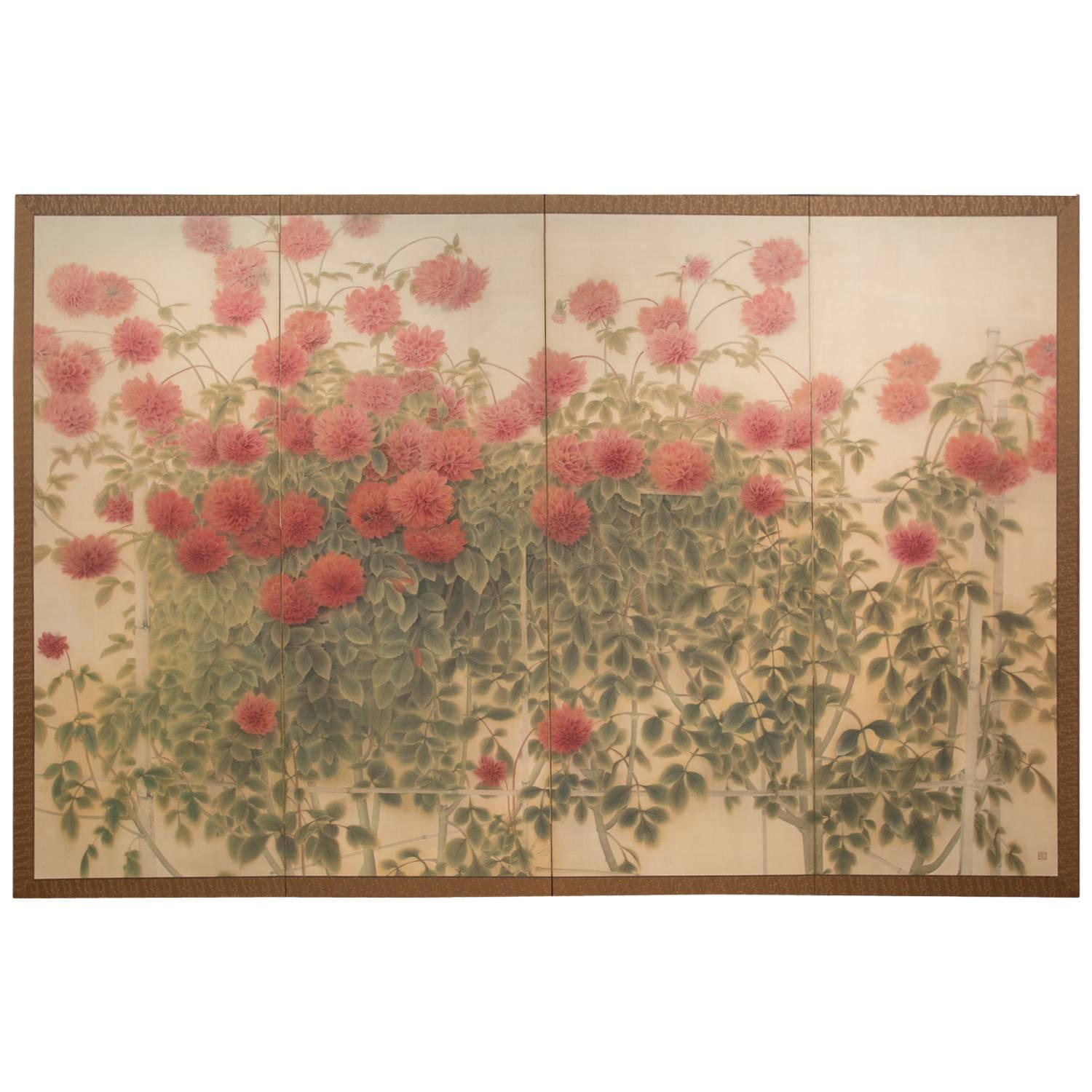 Japanese Four-Panel Screen Red Dahlias