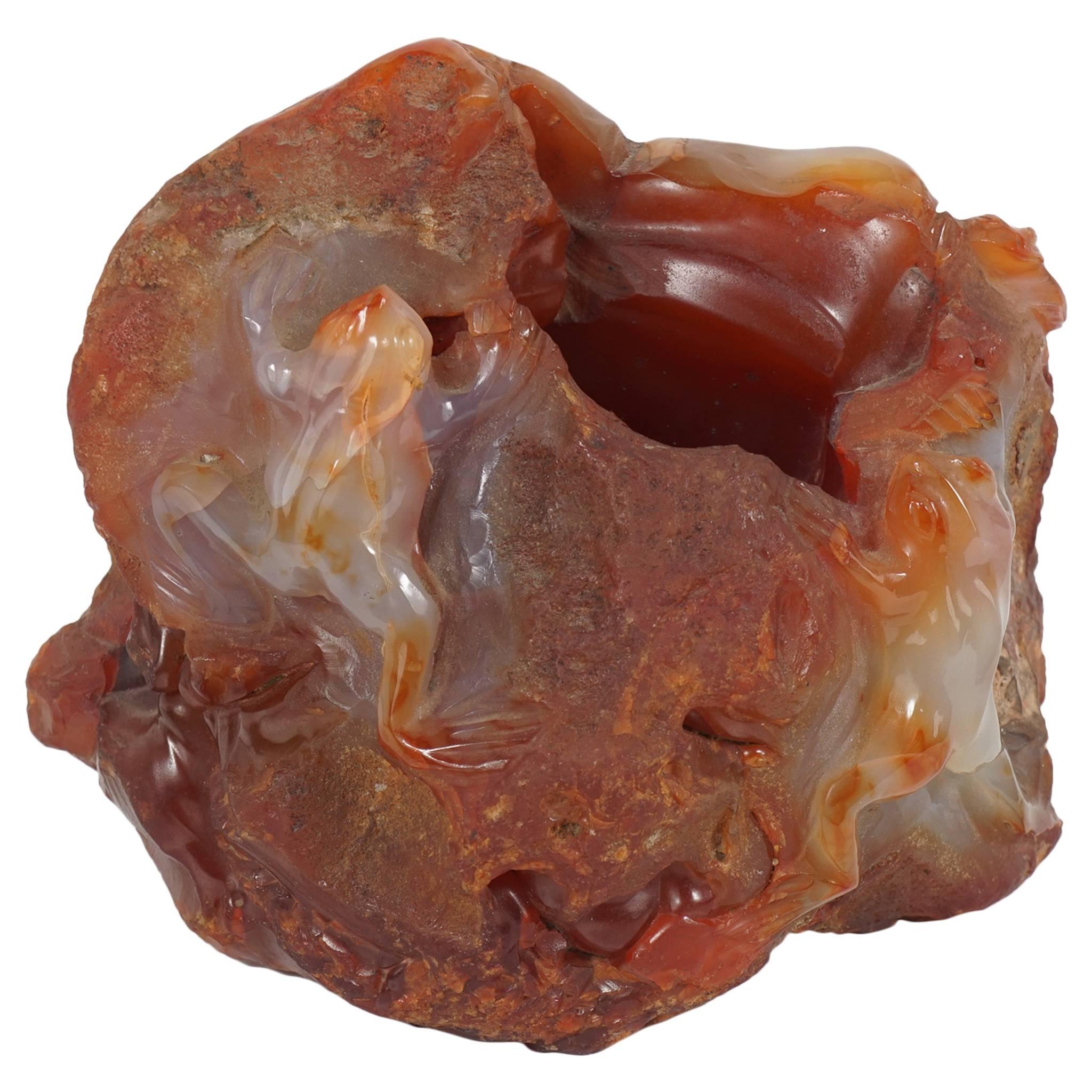19th Century Chinese Natural Agate Bolder Carved with Frogs