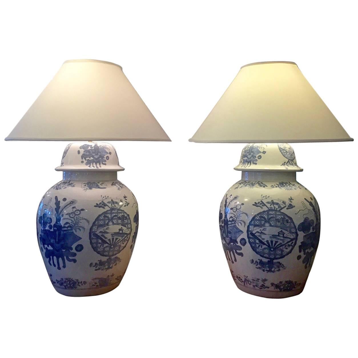 Pair of Monumental Blue and White Chinese Ginger Jar Lamps