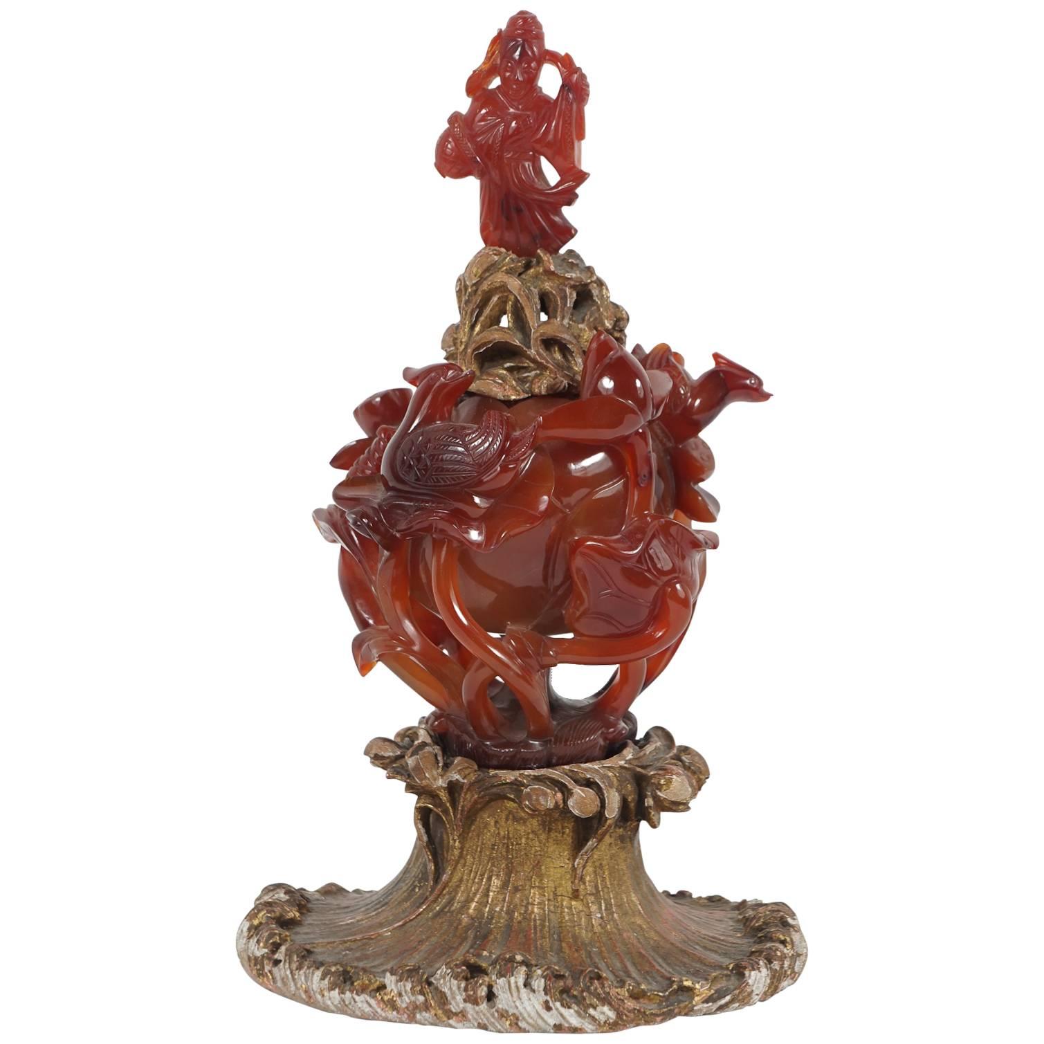 Early 19th Century Chinese Carved Agate Urn Set on a French Gilt Base For Sale