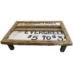 Primitive Coffee Table of Barn Wood with Hand-Lettered Signs from Tree Farm