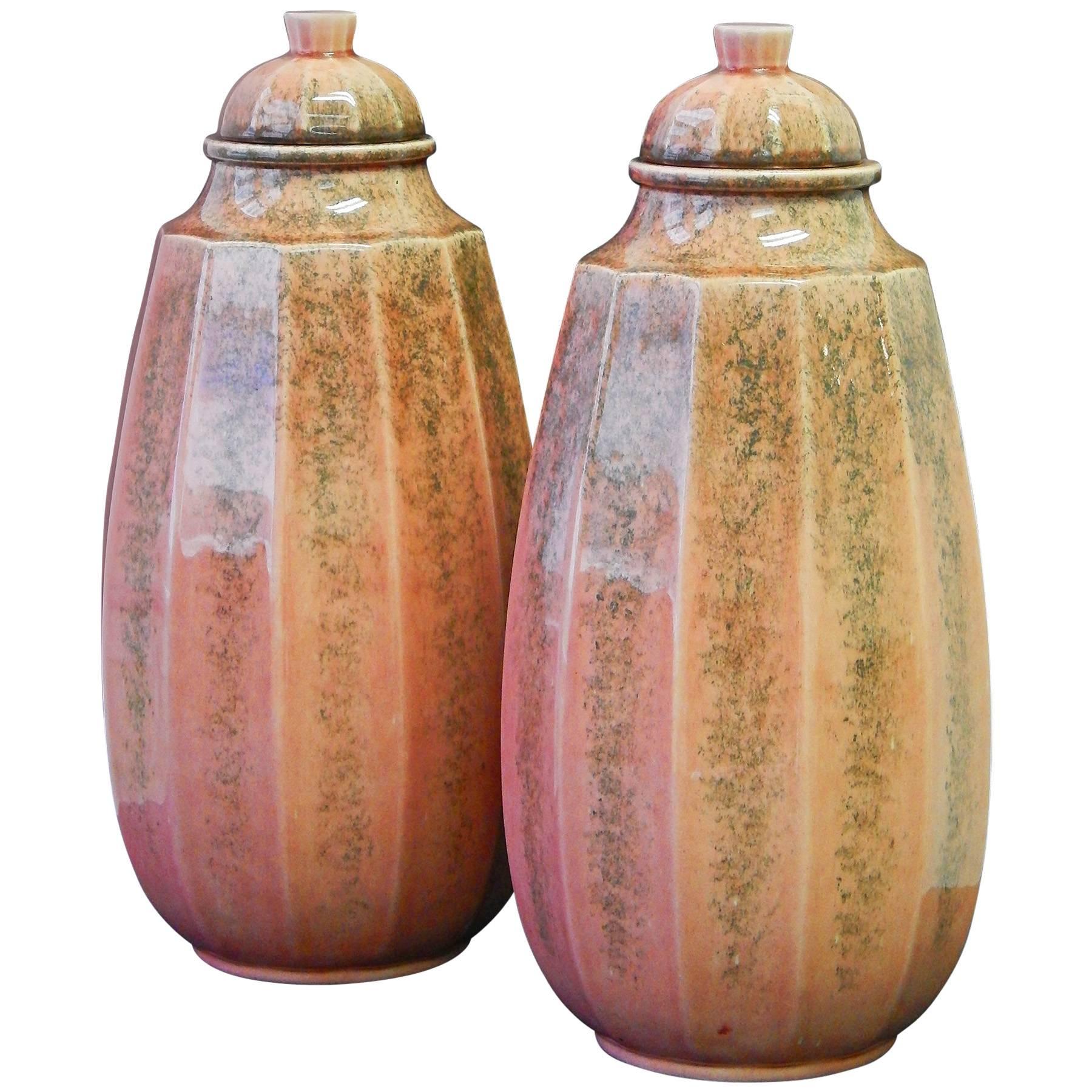 Rare Pair of Tall, Art Deco Lidded Urns by Paul Milet, Sevres