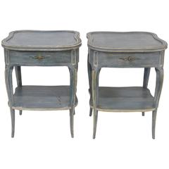 Pair of Don Ruseau Style Distressed Blue Painted Nightstands