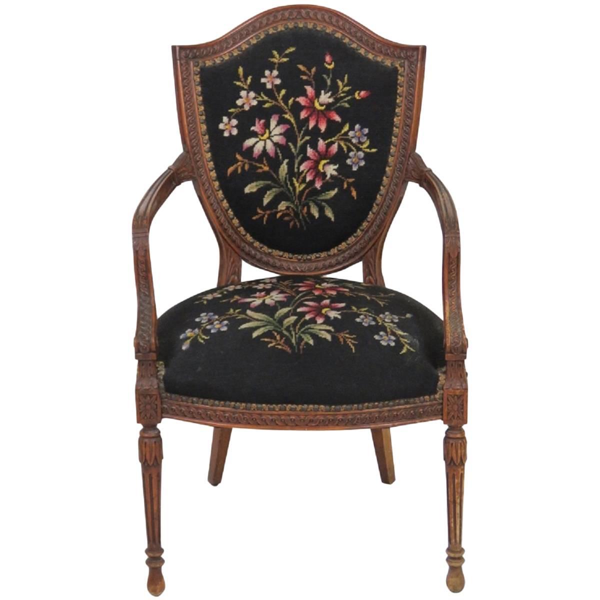 Louis XVI Style Carved Walnut Fauteuil Armchair