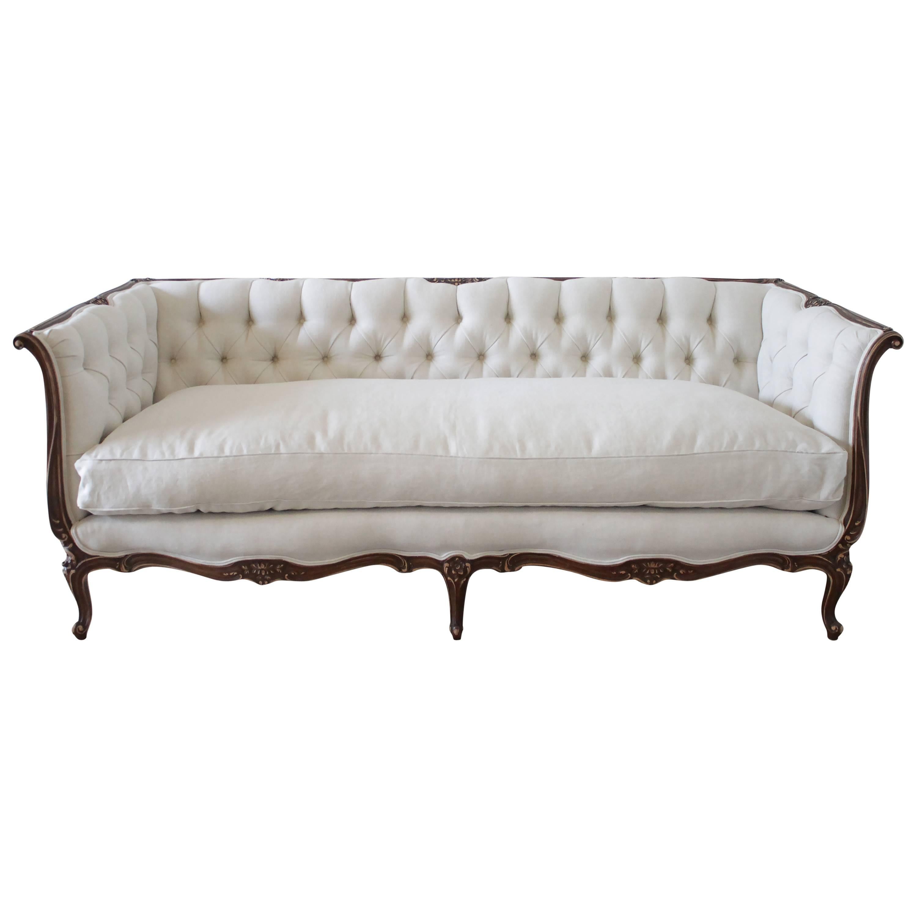 Antique French Louis XV Style Button Tufted Sofa in Organic Belgian Linen