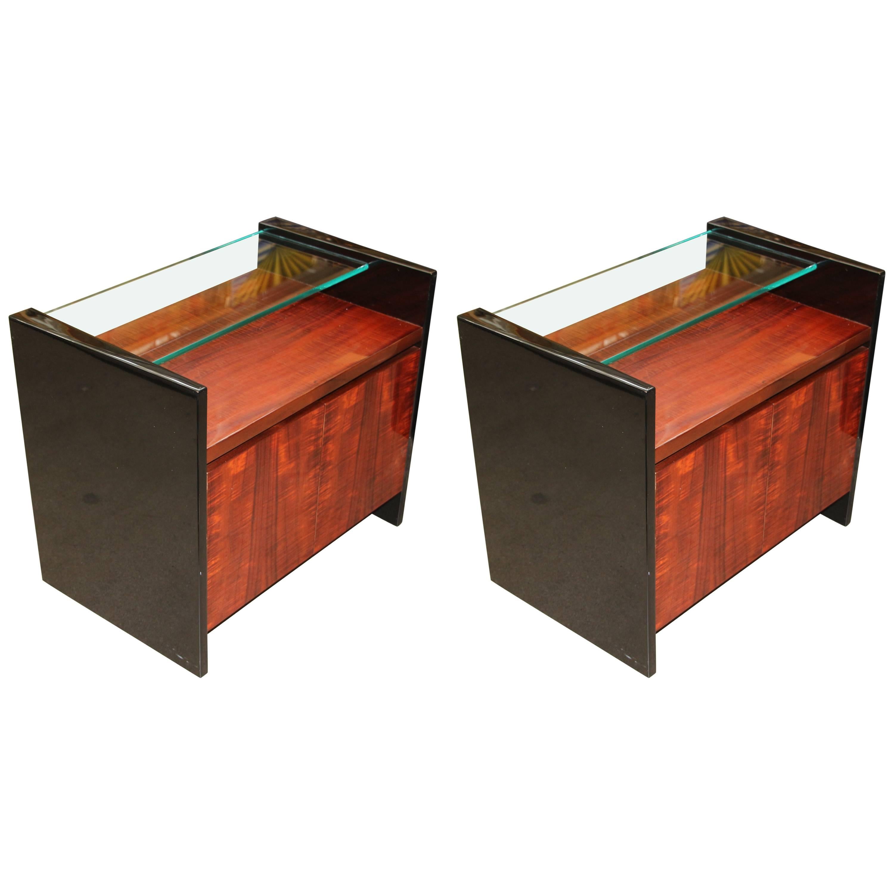 Pair of Beautiful Highly Lacquered End Tables with Glass Shelves