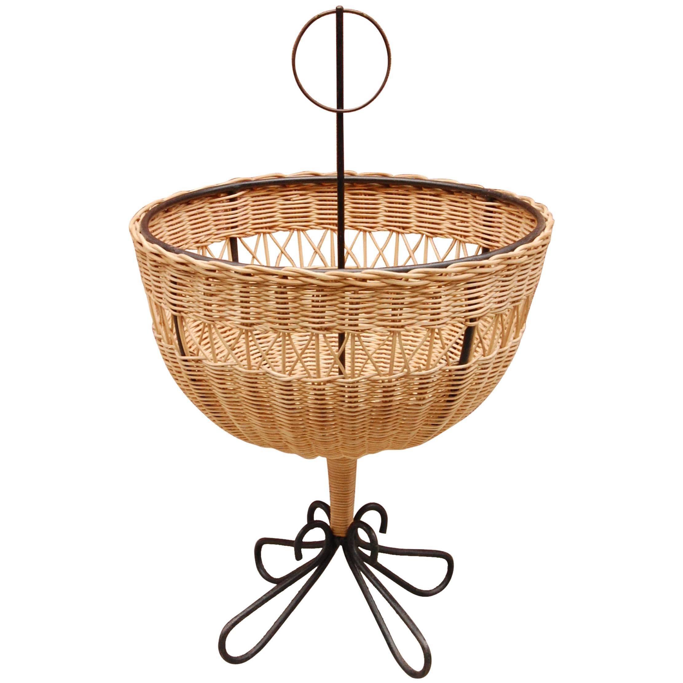 Danish Modernist Iron and Wicker Fruit Basket