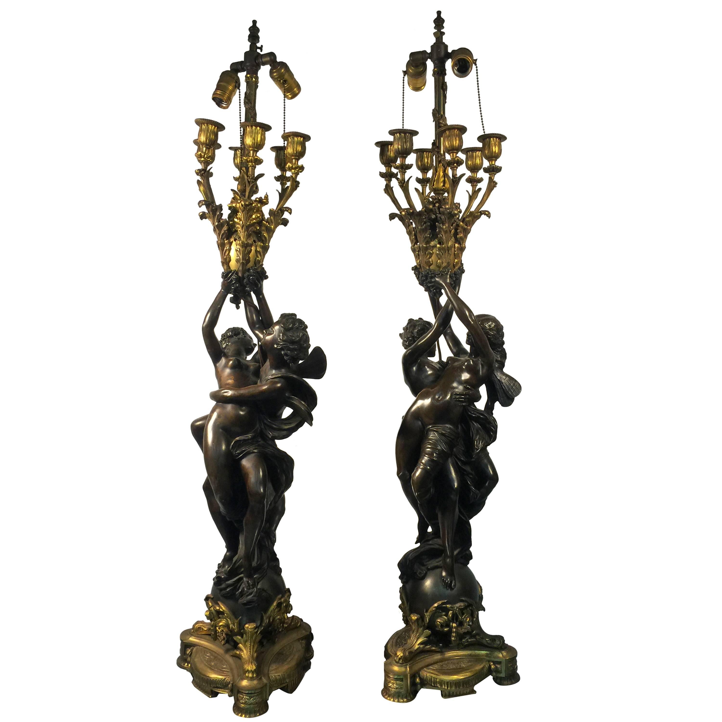 Monumental Pair of French Doré Bronze Louis XV Style Figural Candelabra Lamps