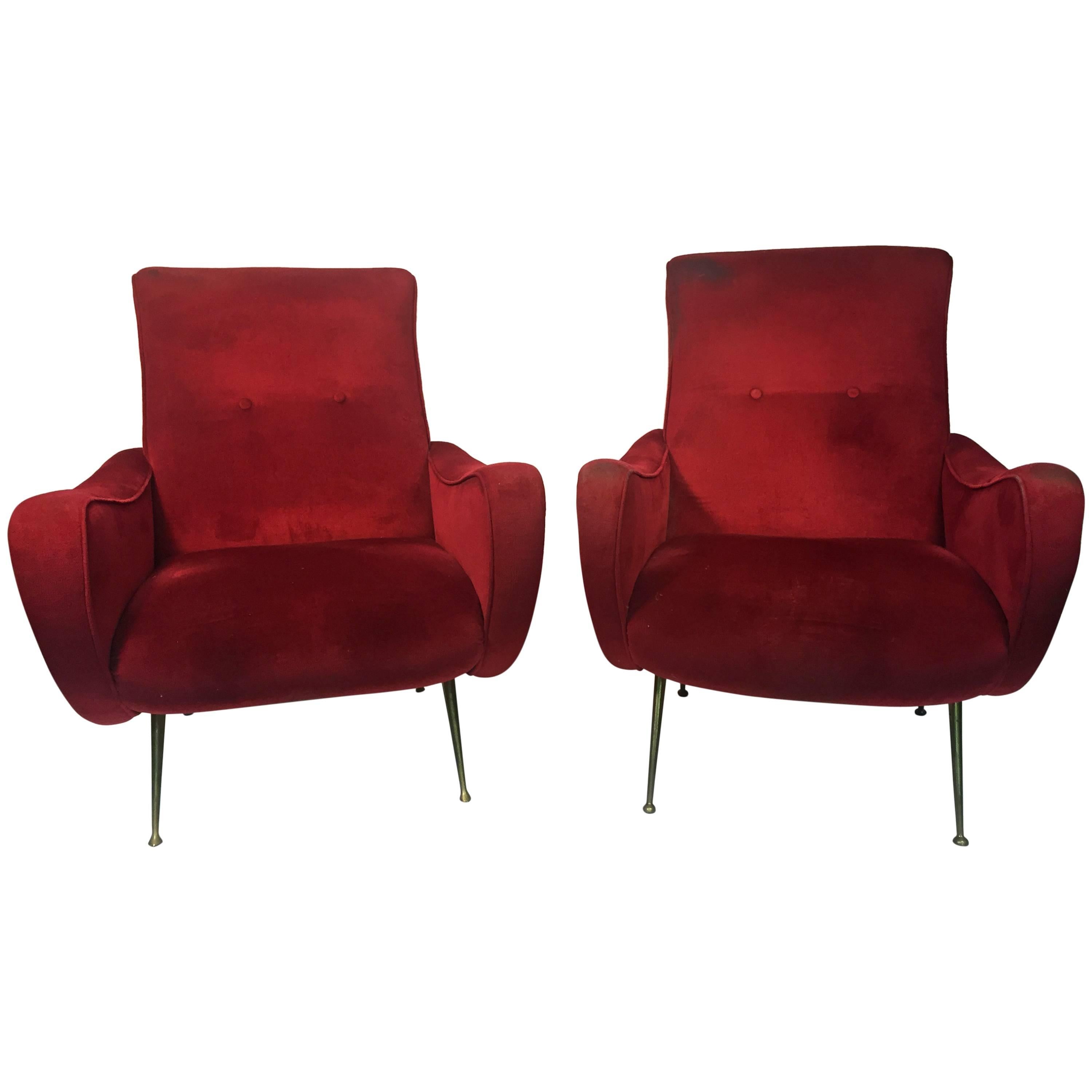 Marvelous Pair of Marco Zanuso Style Italian Burgundy Lounge Chairs