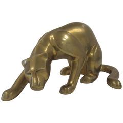 Substantial Vintage Modern Brass Art Deco Panther Cat Sculpture, 1970s