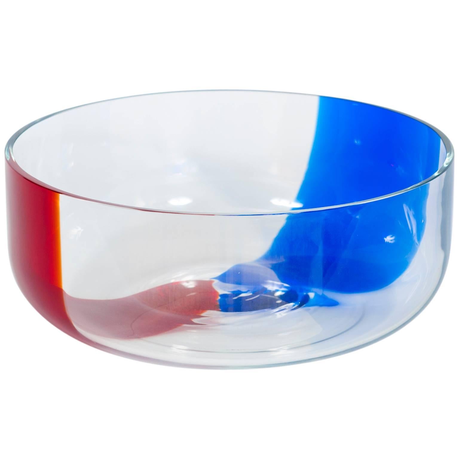 Italian Venetian, Bowl, Blown Murano Glass, Blue Red Transparent, Donà, 1990s