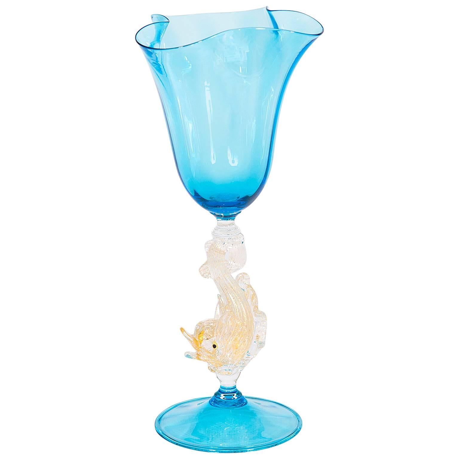 Italian Venetian Handblown Goblet in Murano Glass, in Light-Blue and Gold