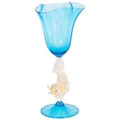 Vintage Italian Venetian Handblown Goblet in Murano Glass, in Light-Blue and Gold