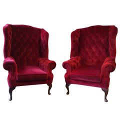 Pair of Vintage Style Buttonback Wingback Armchairs Red Velvet Upholstered