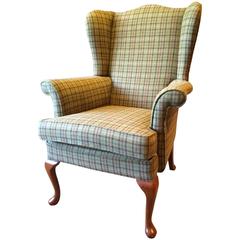 Vintage Style Wingback Armchair Mahogany S Rouse & Co Tweed Beige