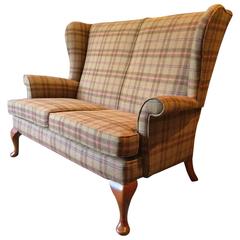 Vintage Style Wingback Sofa Two-Seat Mahogany S Rouse & Co Tweed Peach