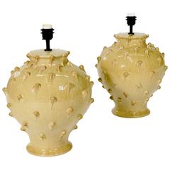 Pair of Large Yellow-Glazed Baluster Shaped Table Lamps
