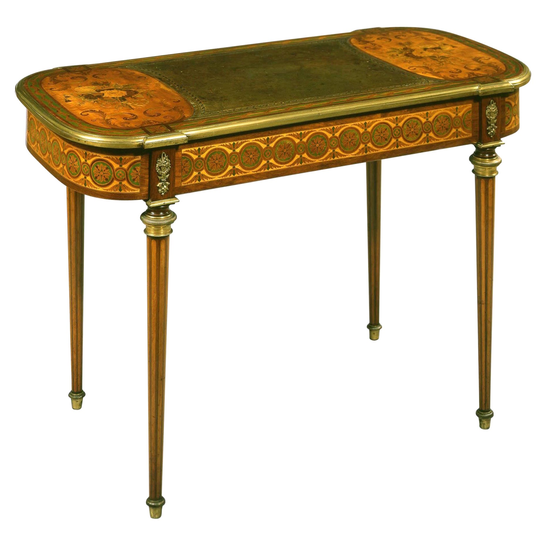 Table française du 19ème siècle en marqueterie de bois de citronnier vert avec plateau en cuir