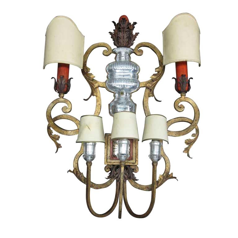 Large French Modern Neoclassical Gilt Iron & Crystal Wall Sconce, Maison Baguès For Sale