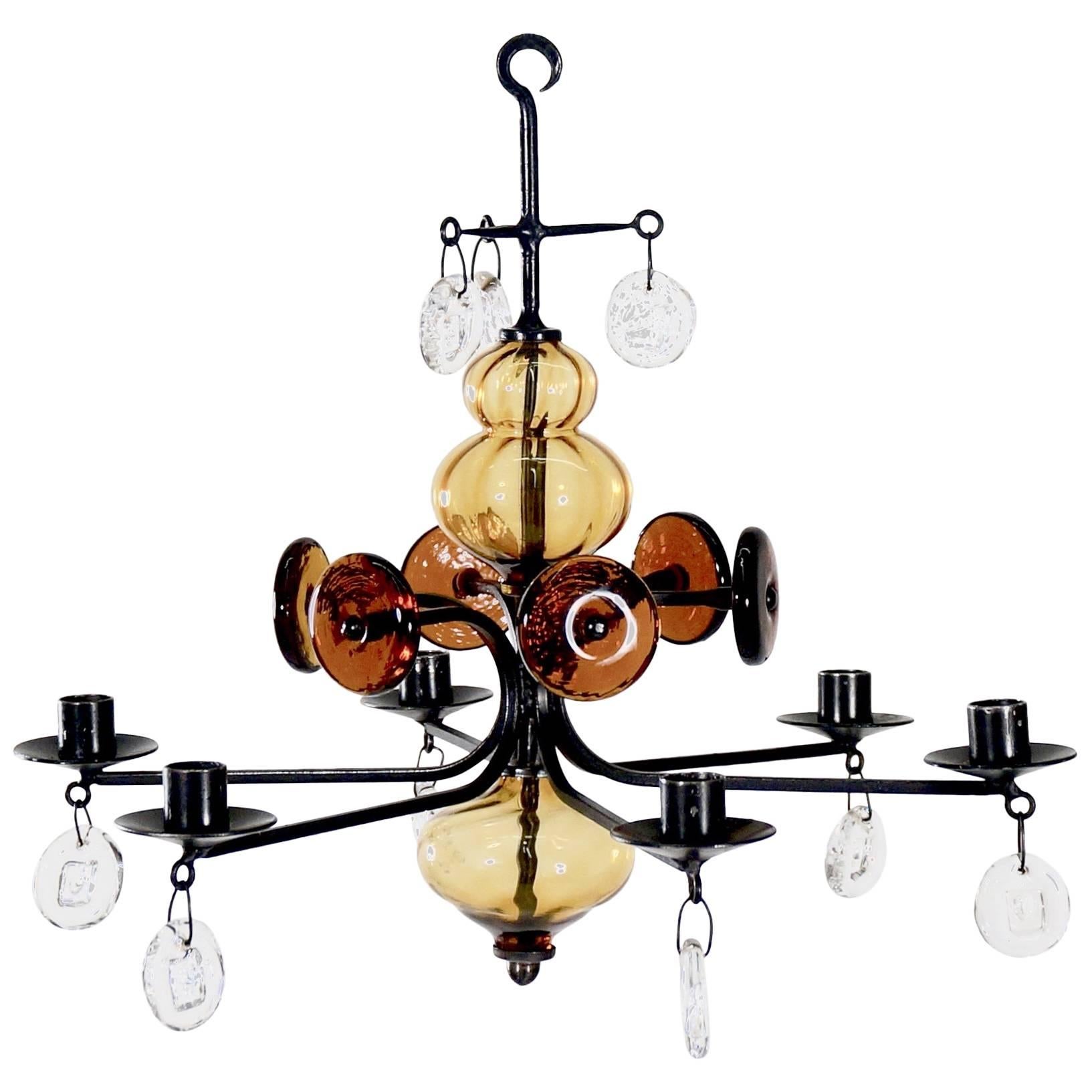 Wrought Iron and Glass Chandelier by Erik Höglund For Sale