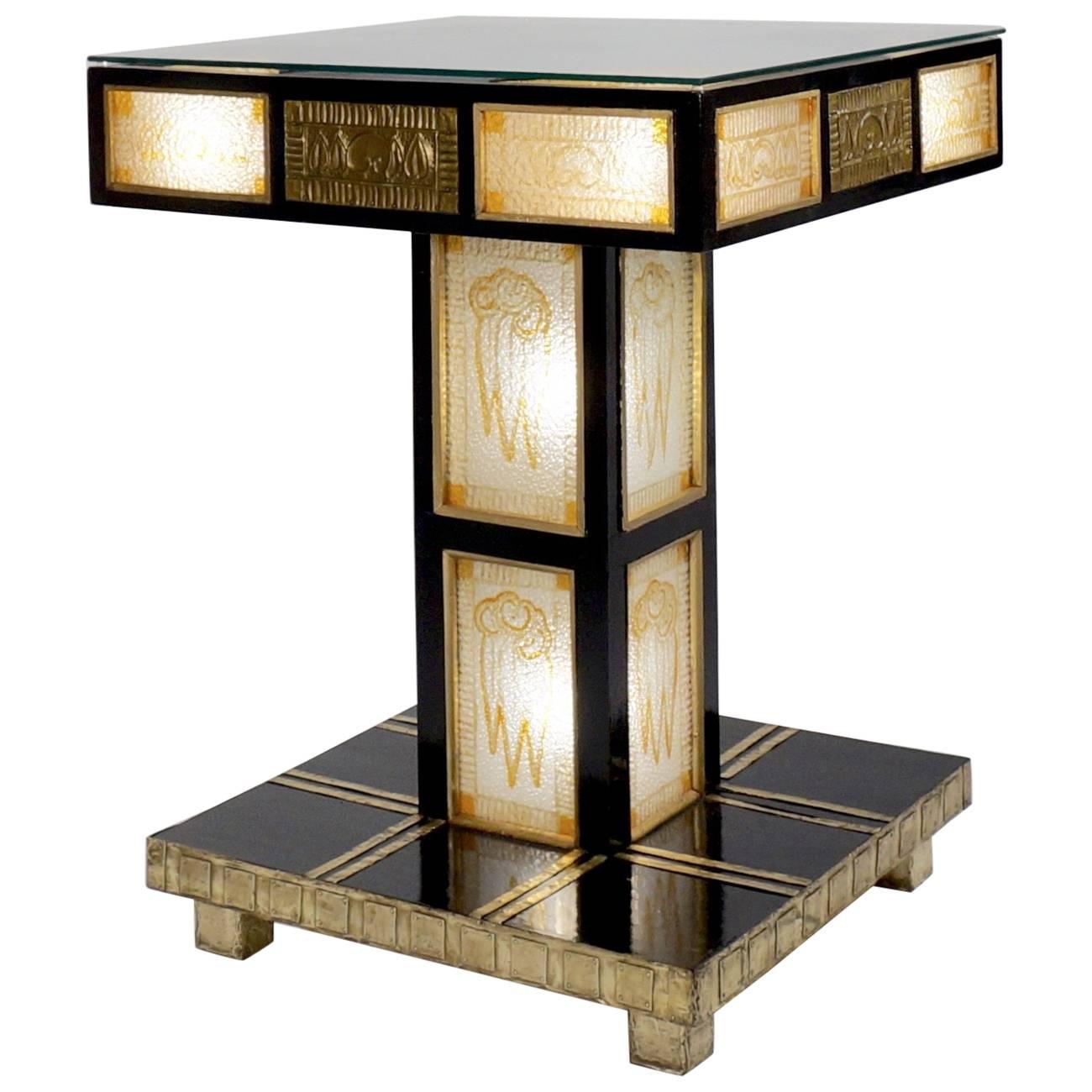 Square Secessionist Ebonized and Glazed Electrified Pedestal Table
